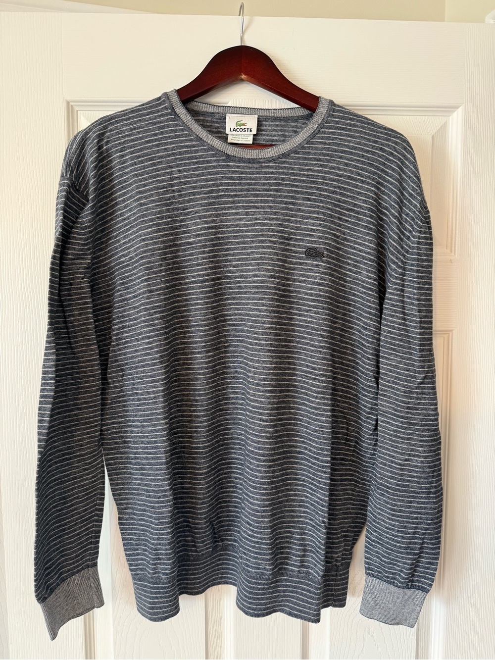 Lacoste Men's Gray and White Striped Crewneck Sweater